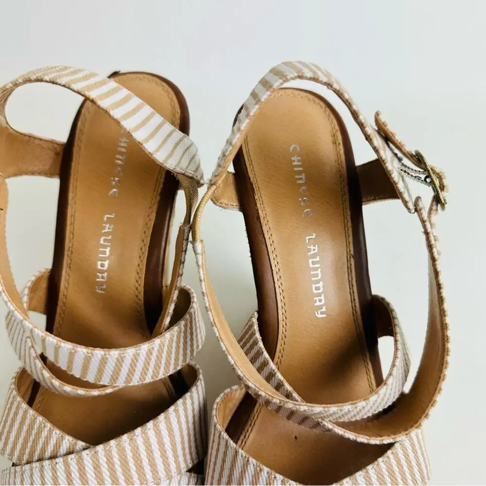 Chinese Laundry Women's Striped Strappy Wedge Sandals Cream Tan‎ Shoes Size 8.5